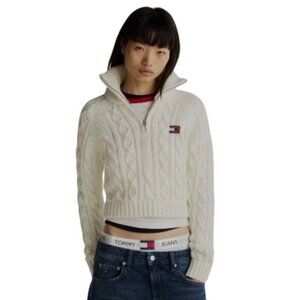 Tommy Jeans M Cable Knit Quarter-Zip Sweater Wool Blend Ivory White Logo Patch